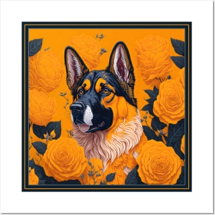 Dogs, shepherd dog and flowers, dog, seamless print, style vector (Yellow version #3 shepherd dog ) Posters and Art